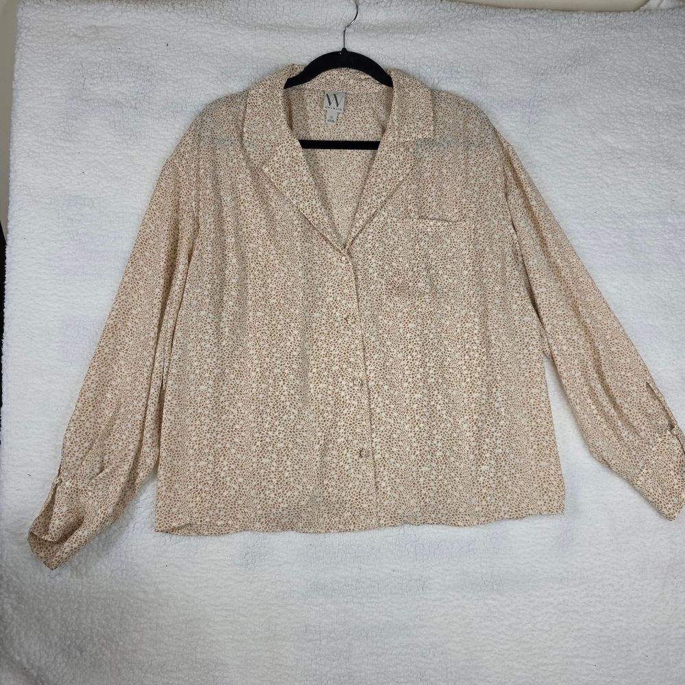 Worthington Spotted Button-Down Blouse Women’s 1X Neutral Tan Print